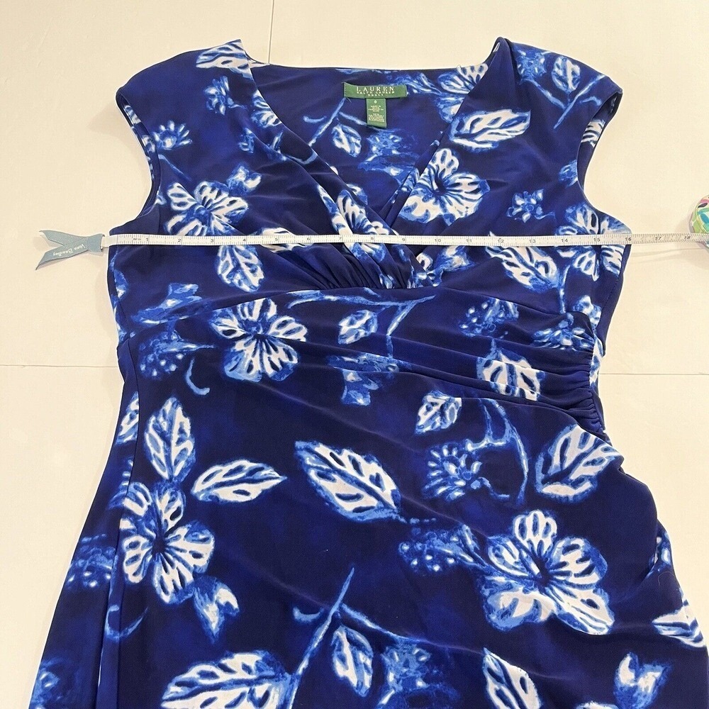 Ralph Lauren Blue White Floral Faux Wrap Sleeveless Dress Size 8 - Picture 5 of 8